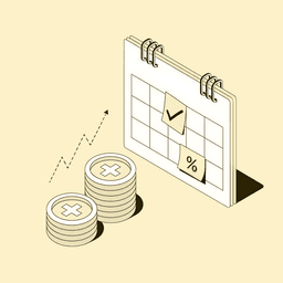 Isometrische Illustration: Kalender mit Zins-Notizen und Münzstapel — Säule 3a Konto
