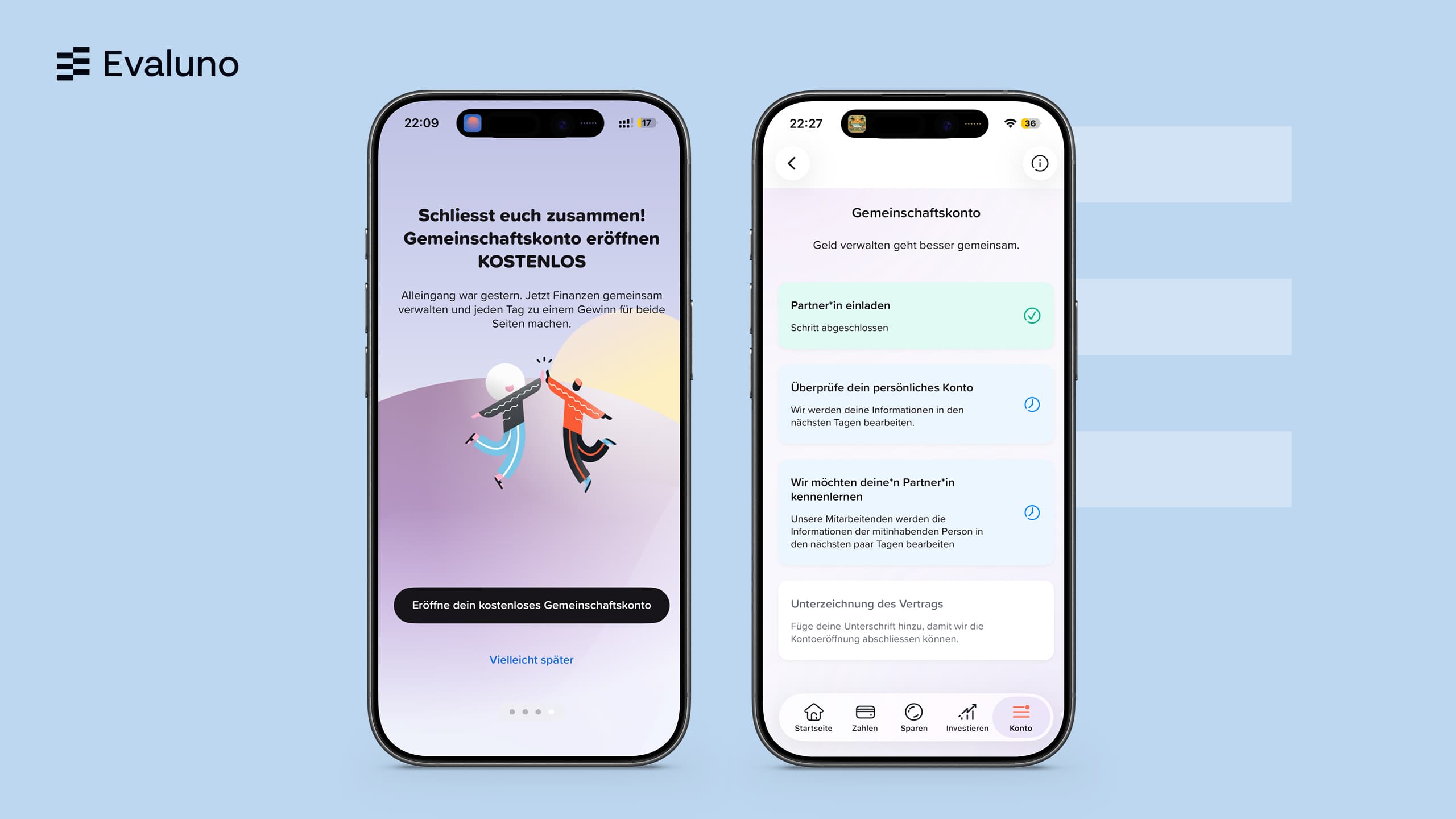 Screenshots aus der Yuh App während der Eröffnung des Yuh Gemeinschaftskontos