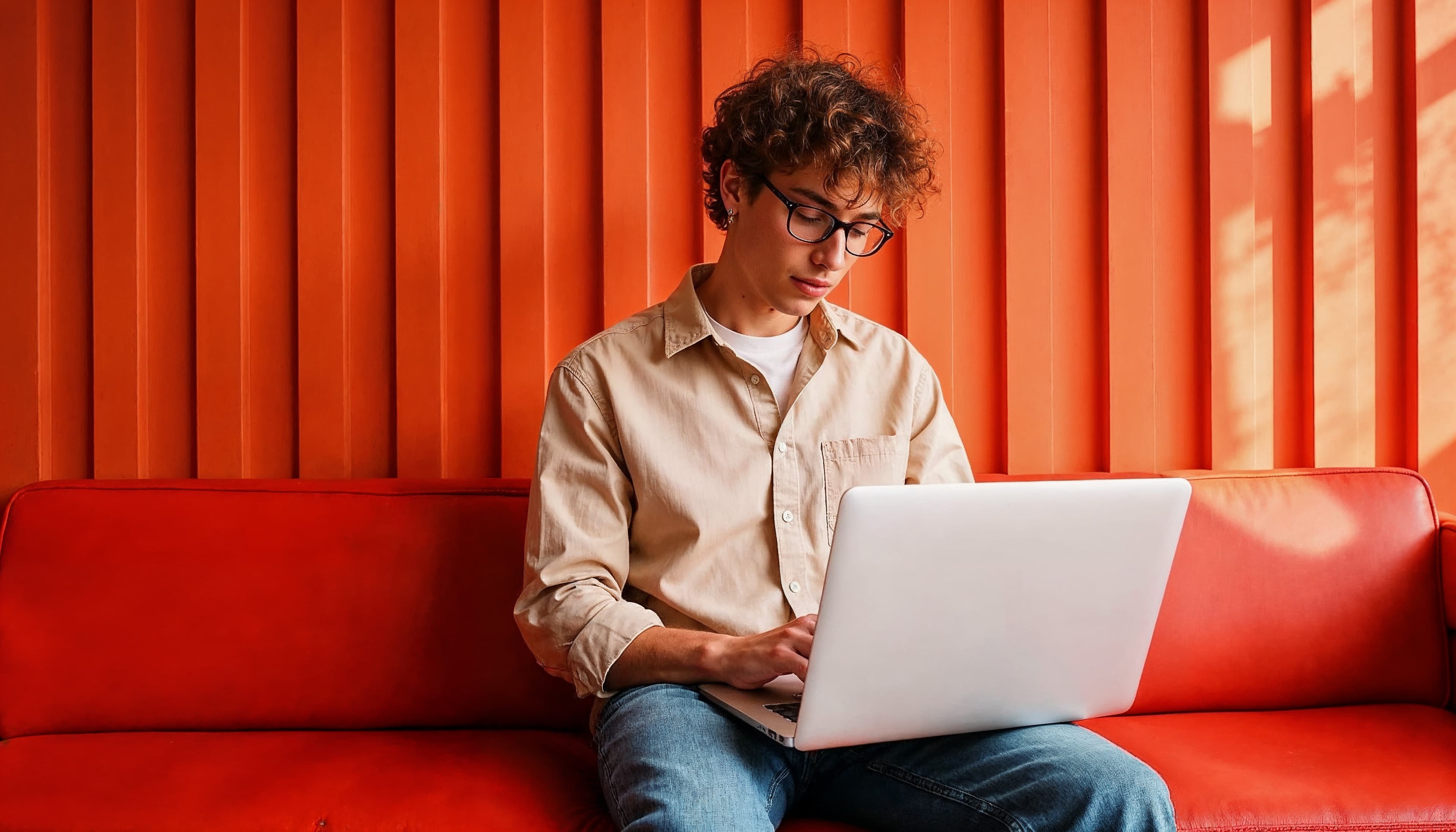 Junger Mann mit Brille sitzt mit einem Laptop auf einem roten Sofa vor einer orangen Wand