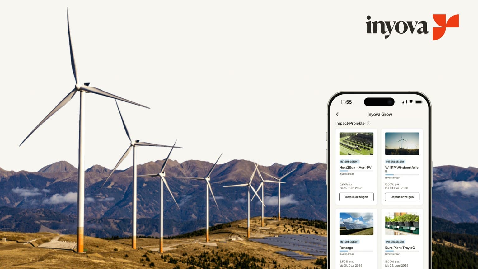 Wind farm with a solar installation in the mountains and the Inyova app with Grow impact projects