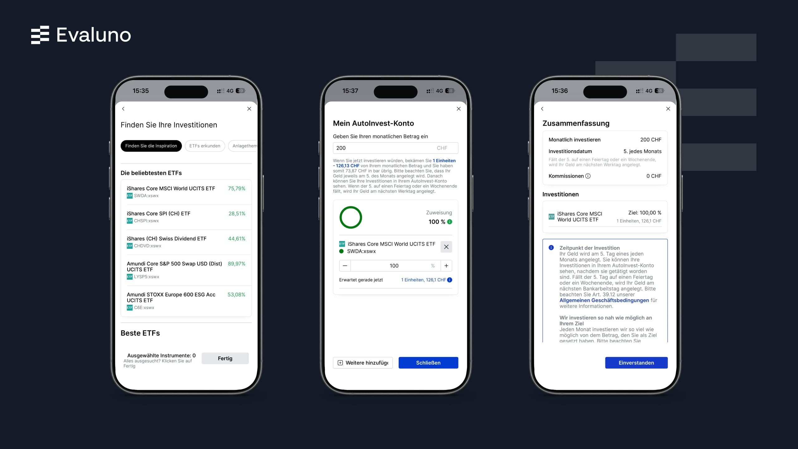 Configurer AutoInvest en trois étapes: choix des ETF, montant et récapitulatif (notre capture d’écran, MM/2026)