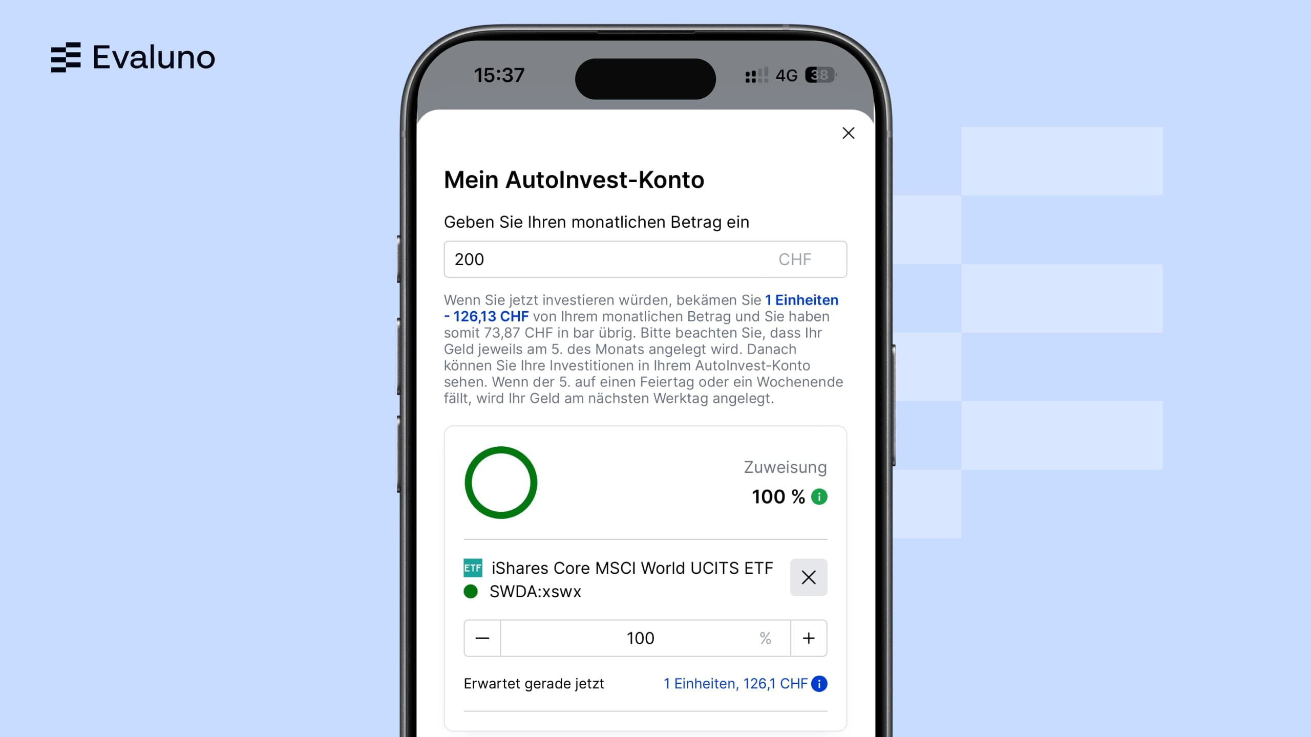 AutoInvest n’achète que des parts entières: sur CHF 200, CHF 73.87 restent en liquidités (notre capture d’écran, MM/2026)