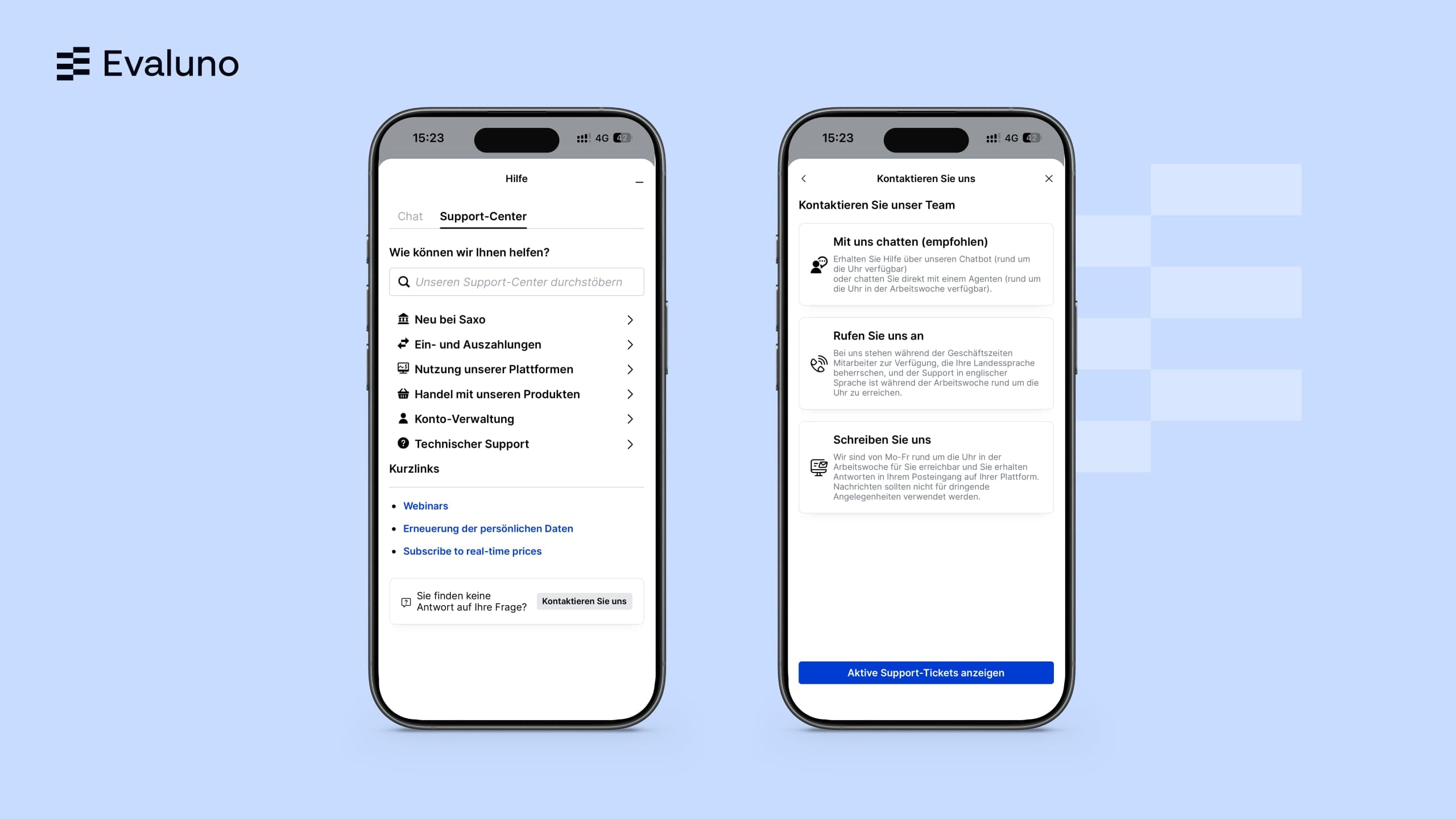Centre d’aide et options de contact dans l’app Saxo: chat, téléphone et message (notre capture d’écran, MM/2026)
