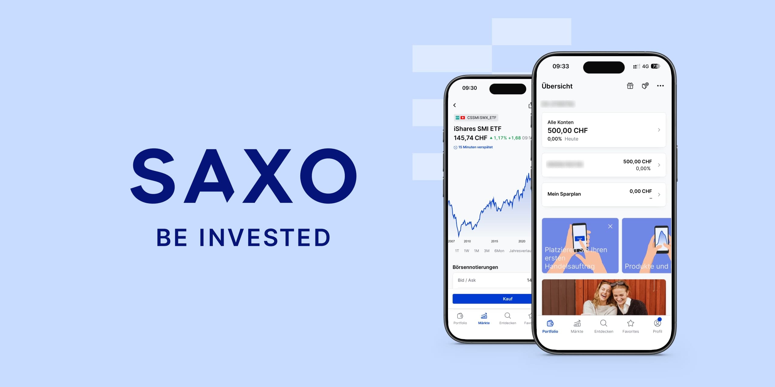 Saxo Bank Review: Saxo-Logo und zwei iPhones mit der Saxo App