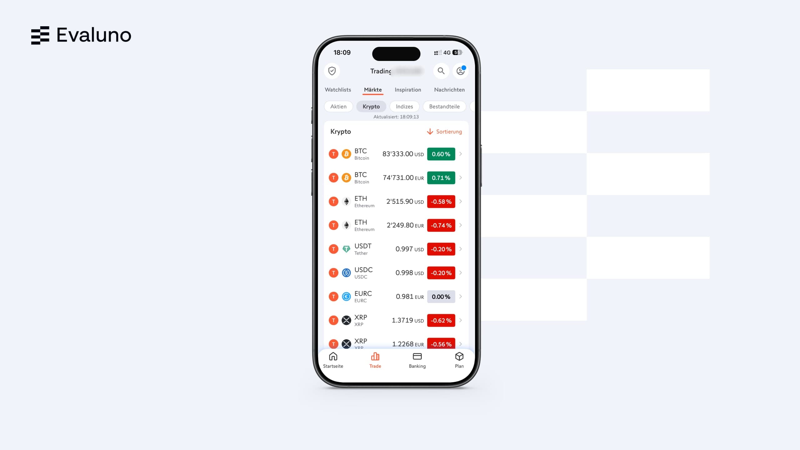 Krypto-Handel in der Swissquote App mit Kursen von Bitcoin, Ethereum und weiteren Coins