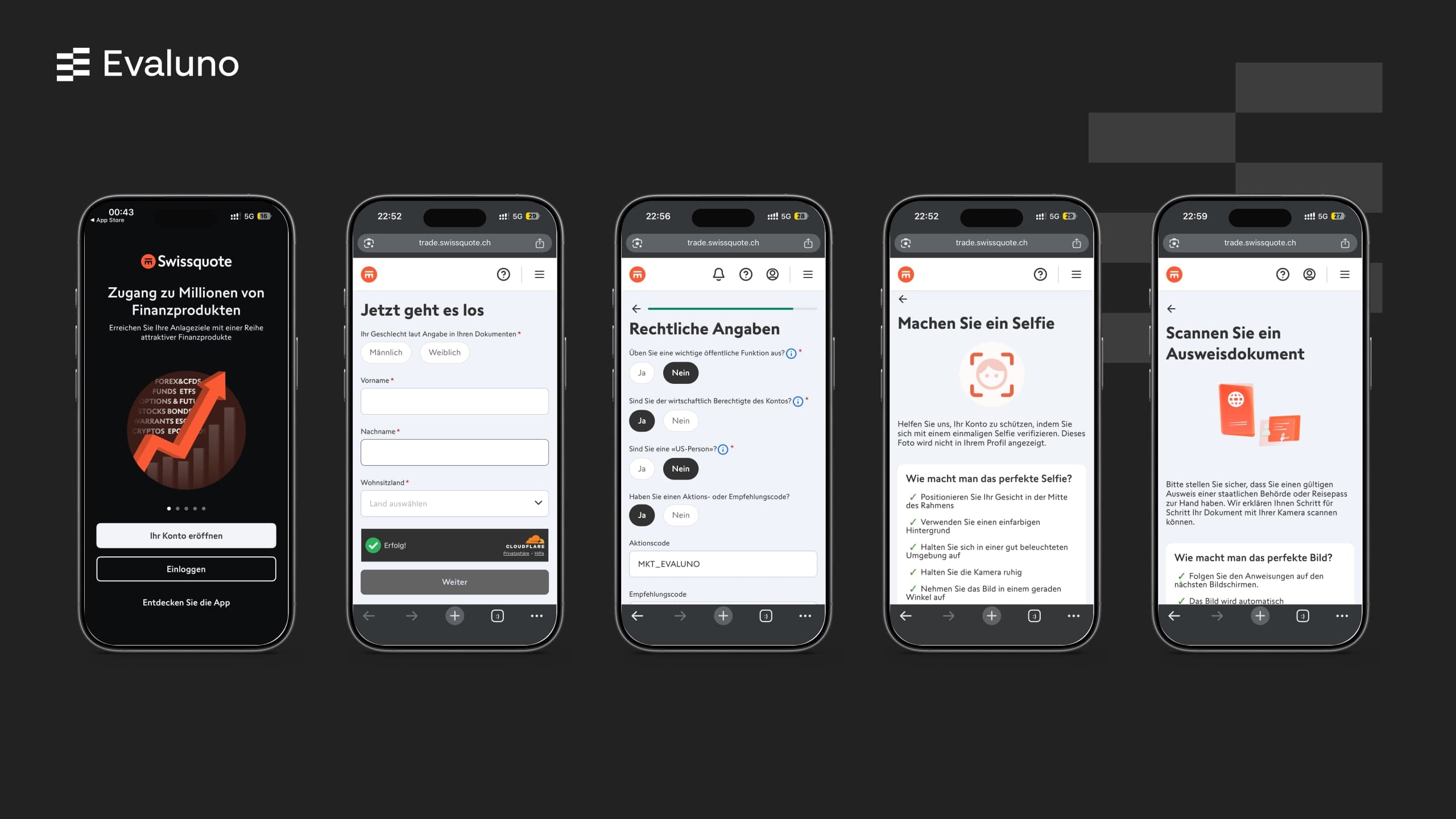 Kontoeröffnung bei Swissquote: App-Start, persönliche Angaben, Aktionscode, Selfie und Ausweis