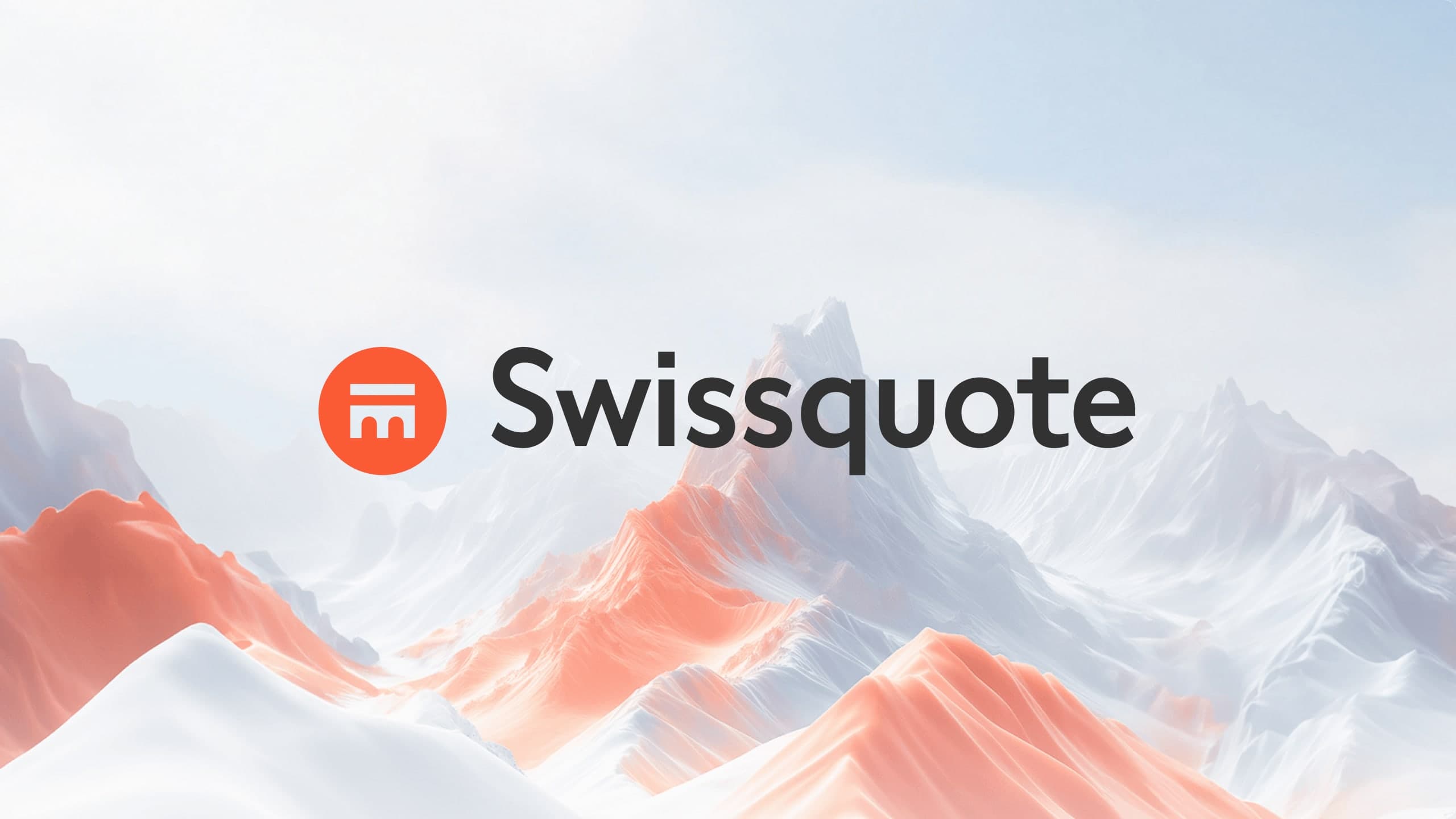 Swissquote-Logo vor einer Berglandschaft in Weiss und Orange